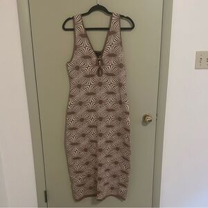 House of Harlow 1960 Geometric Knot Midi Dress with Tan & Cream Pattern